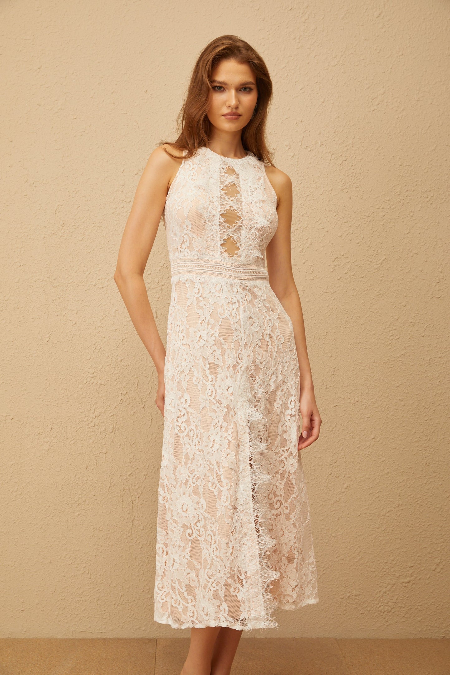 Cerise White Open Back Floral Lace Midi Dress
