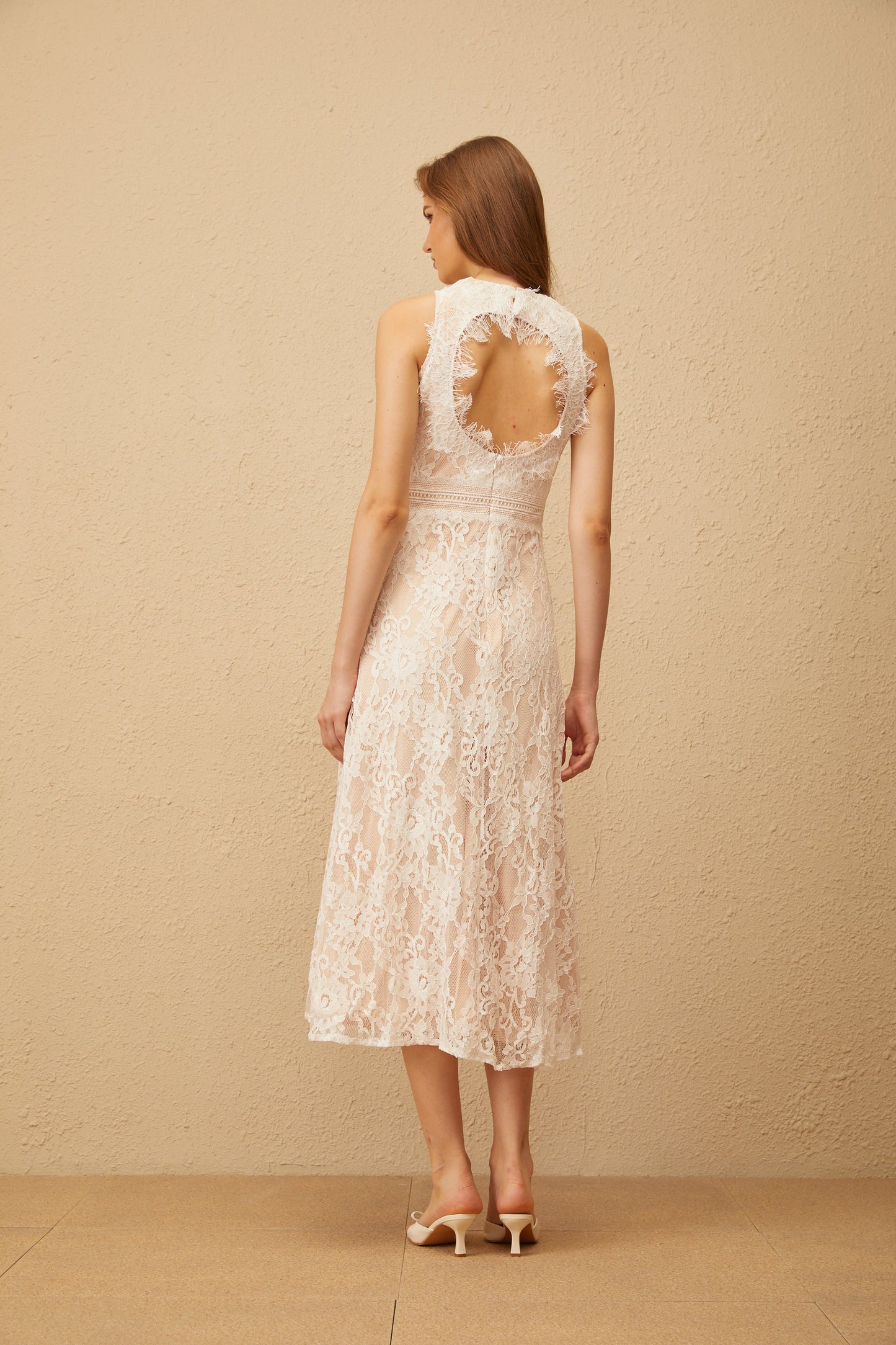 Cerise White Open Back Floral Lace Midi Dress