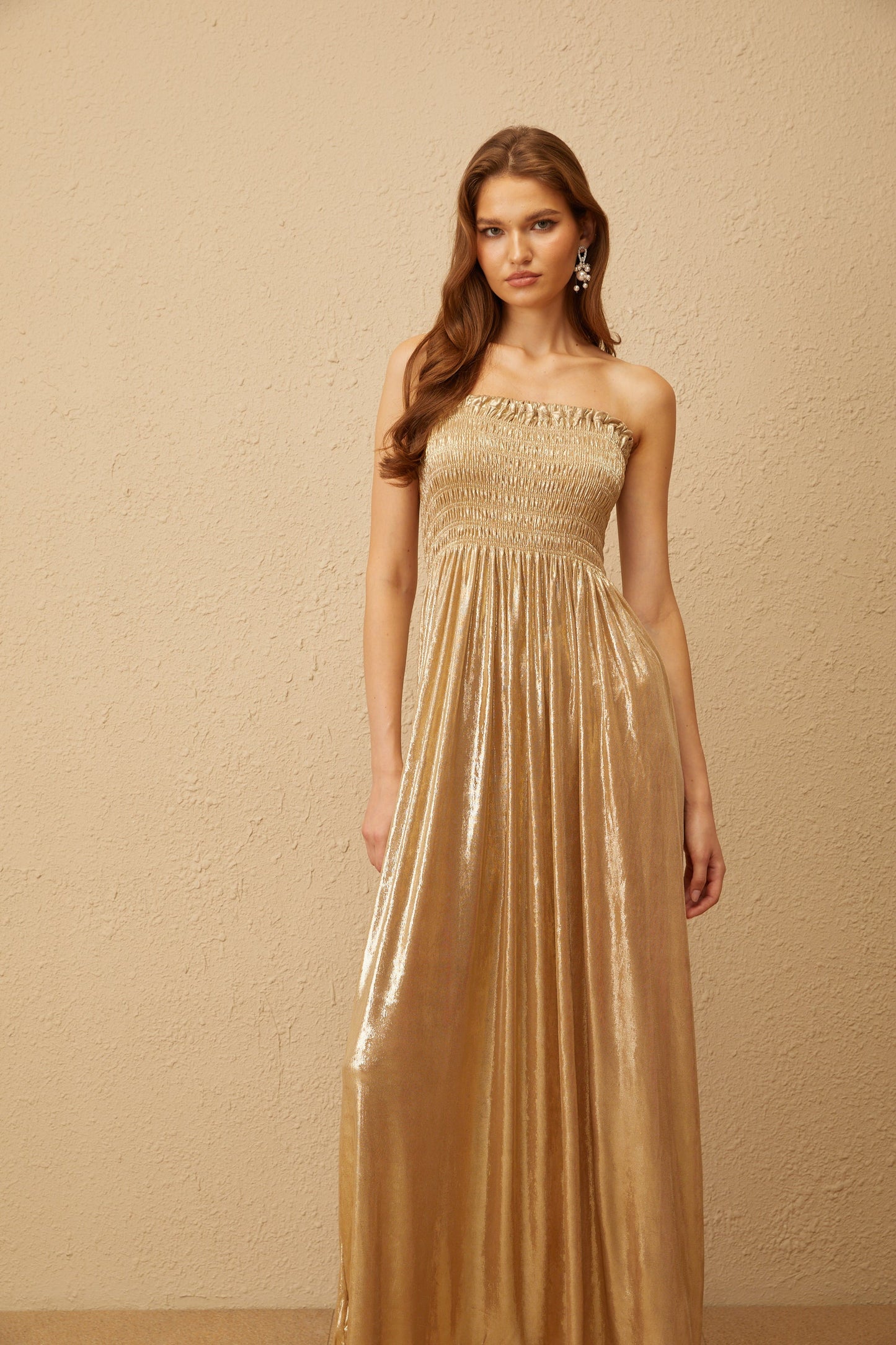 Tiphaine Gold Glossy Smocked Panel Midi Dress