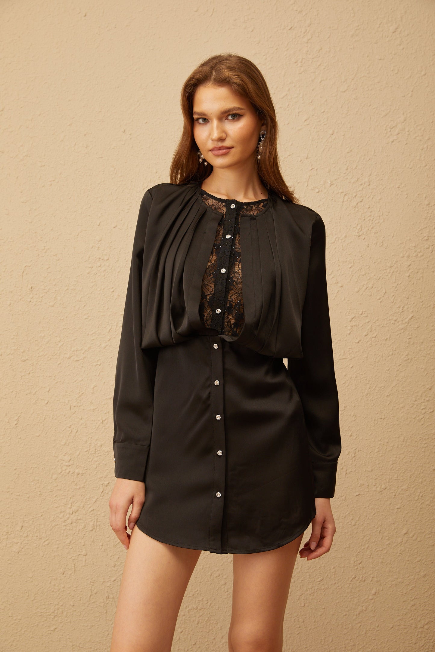Prune Black Sequin Lace Panel Mini Dress