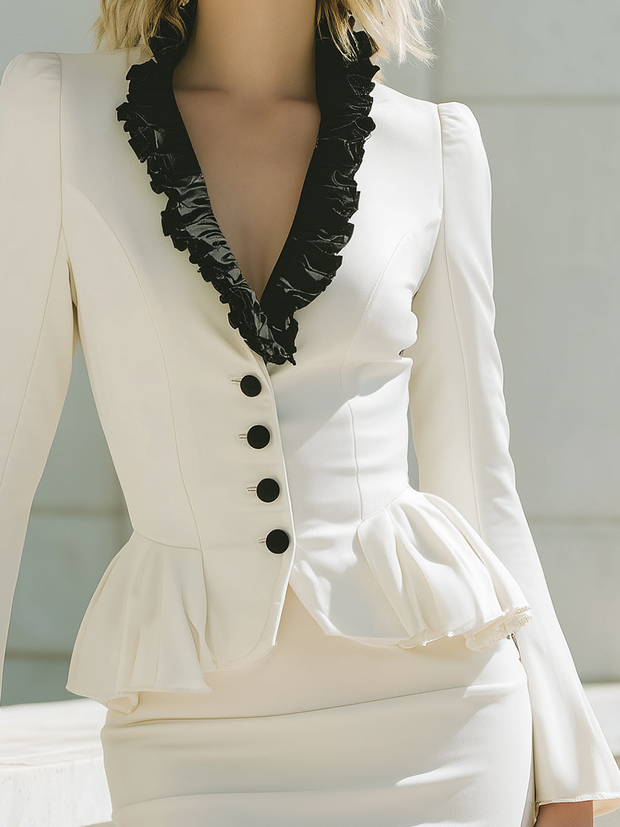 Elegant And Romantic Black Ruffled V-neck White Suit Skirt Set