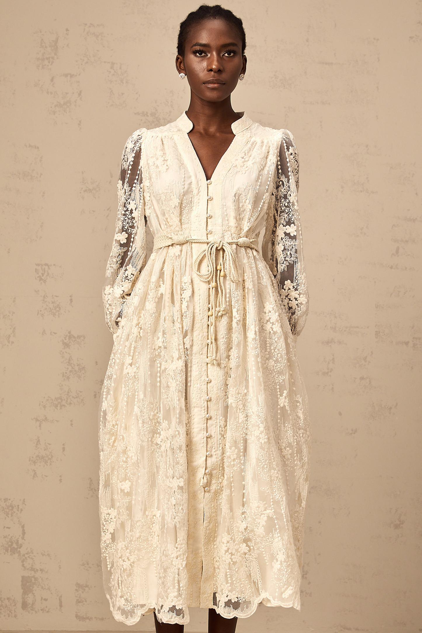 Roxane neutrals lace-embroidered midi dress