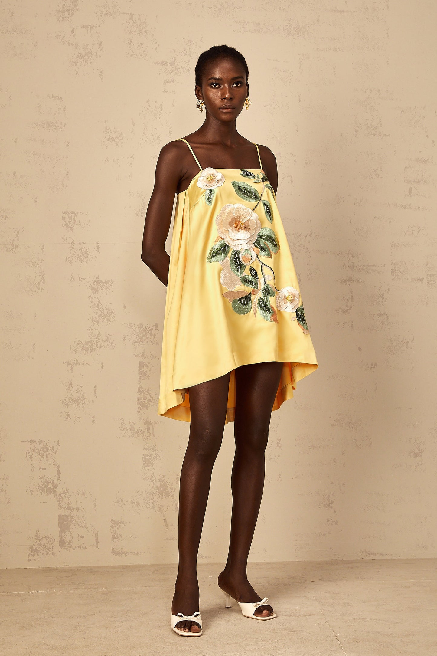 Avril Yellow Floral Embroidered Mini Dress