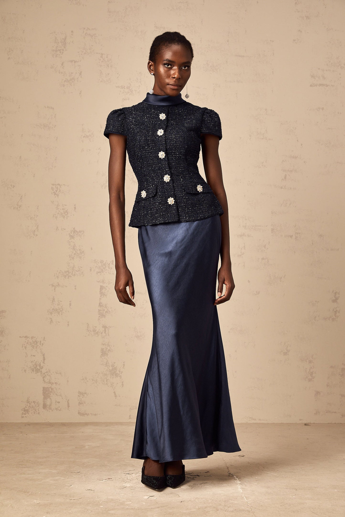 Josette blue peplum-waist panelled maxi dress