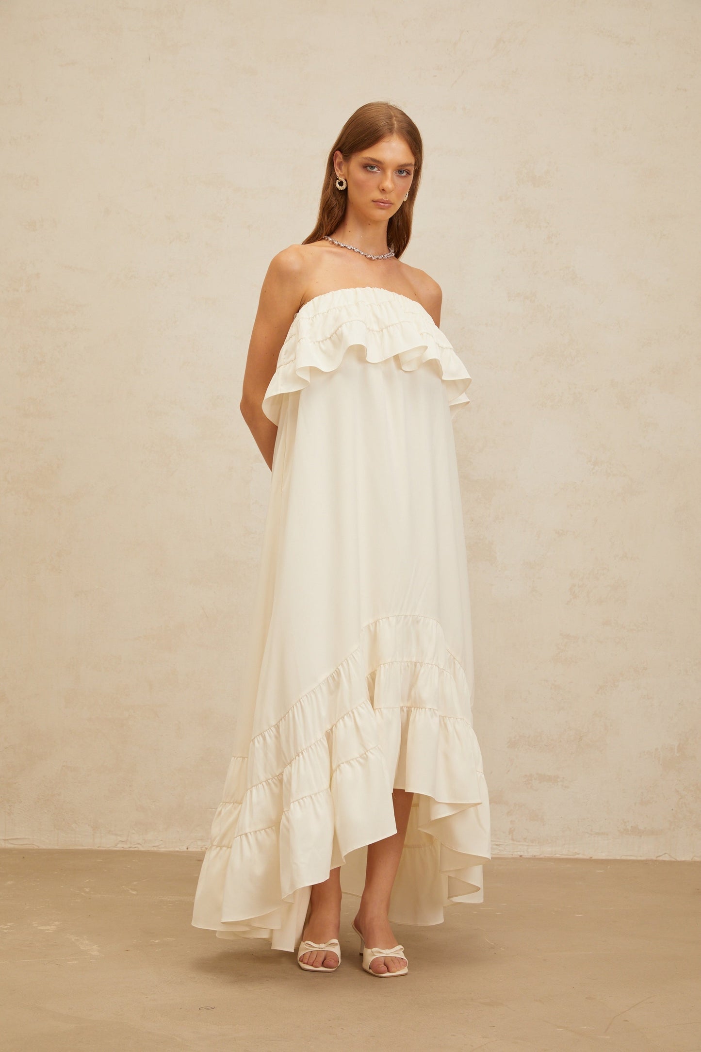 Bénédicte White Vibrant Off Shoulder Shirred Maxi Dress