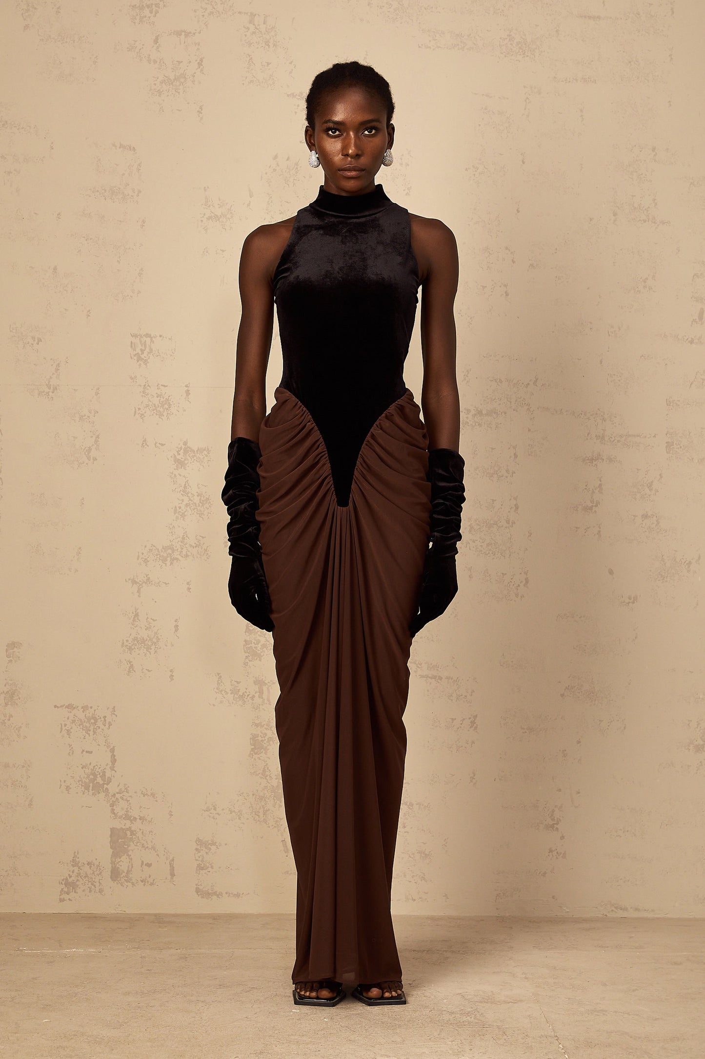 Mathilde brown velvet-panel ruched maxi dress