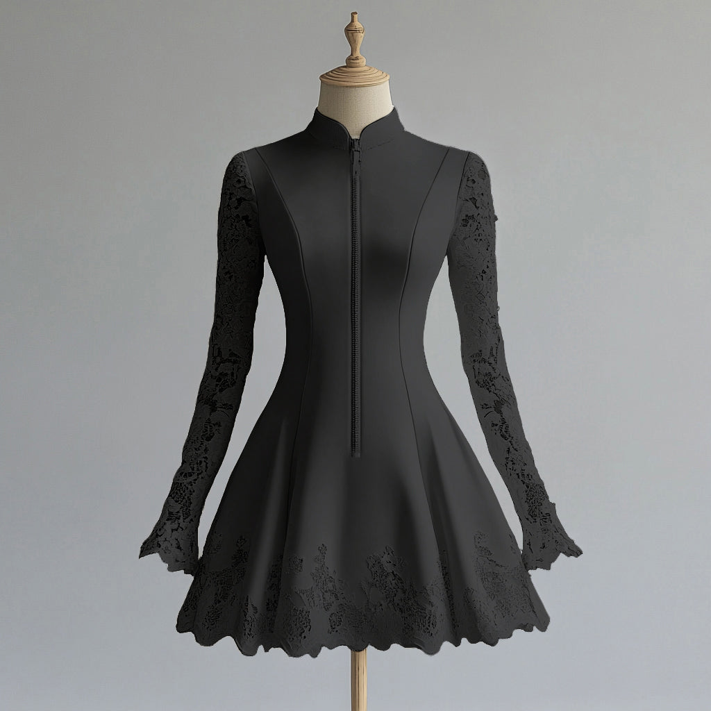 Ursime Stand Collar Lace Patchwork Long Sleeve Zipper Mini Dress