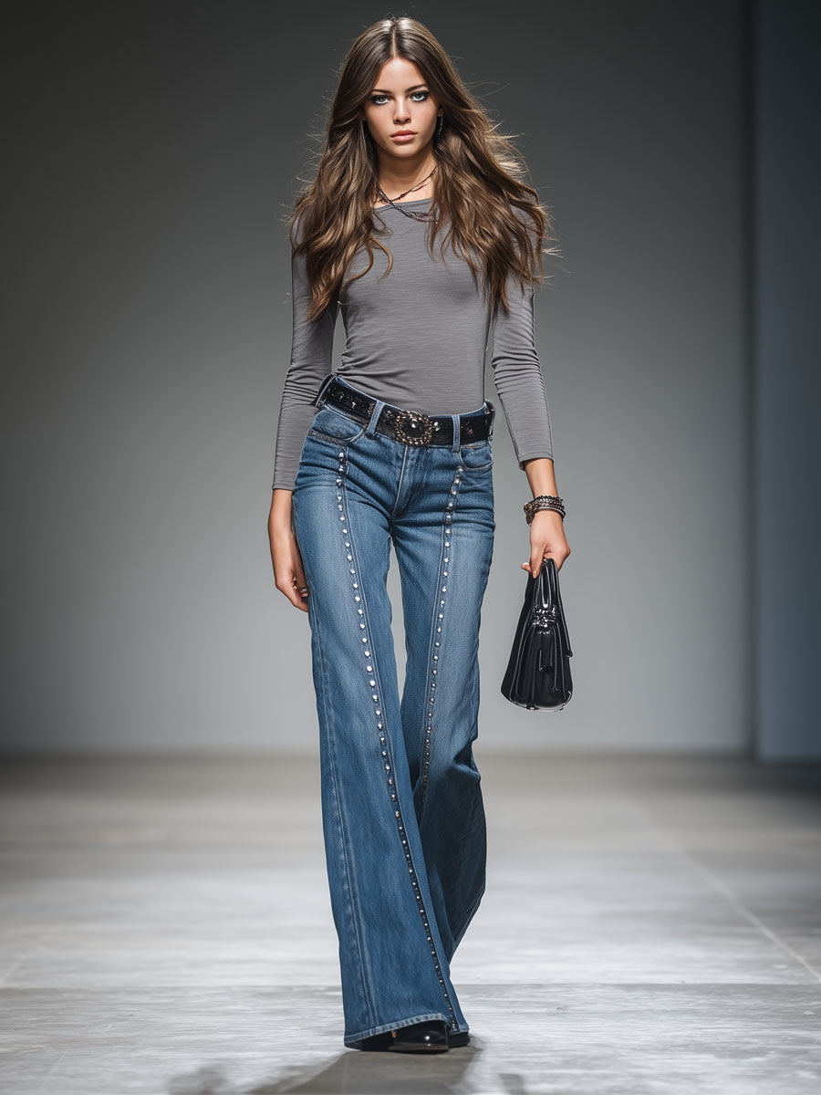 Western Style Vintage Rivet Flared Jeans