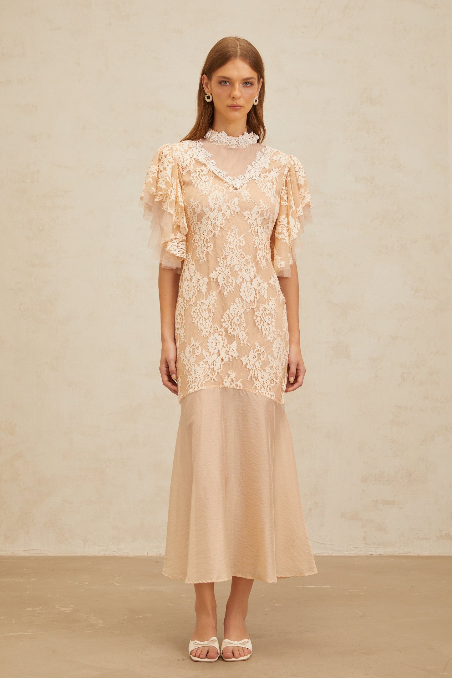 Annabelle Embellished Floral Lace Panelled Midi Dress in Neutrals