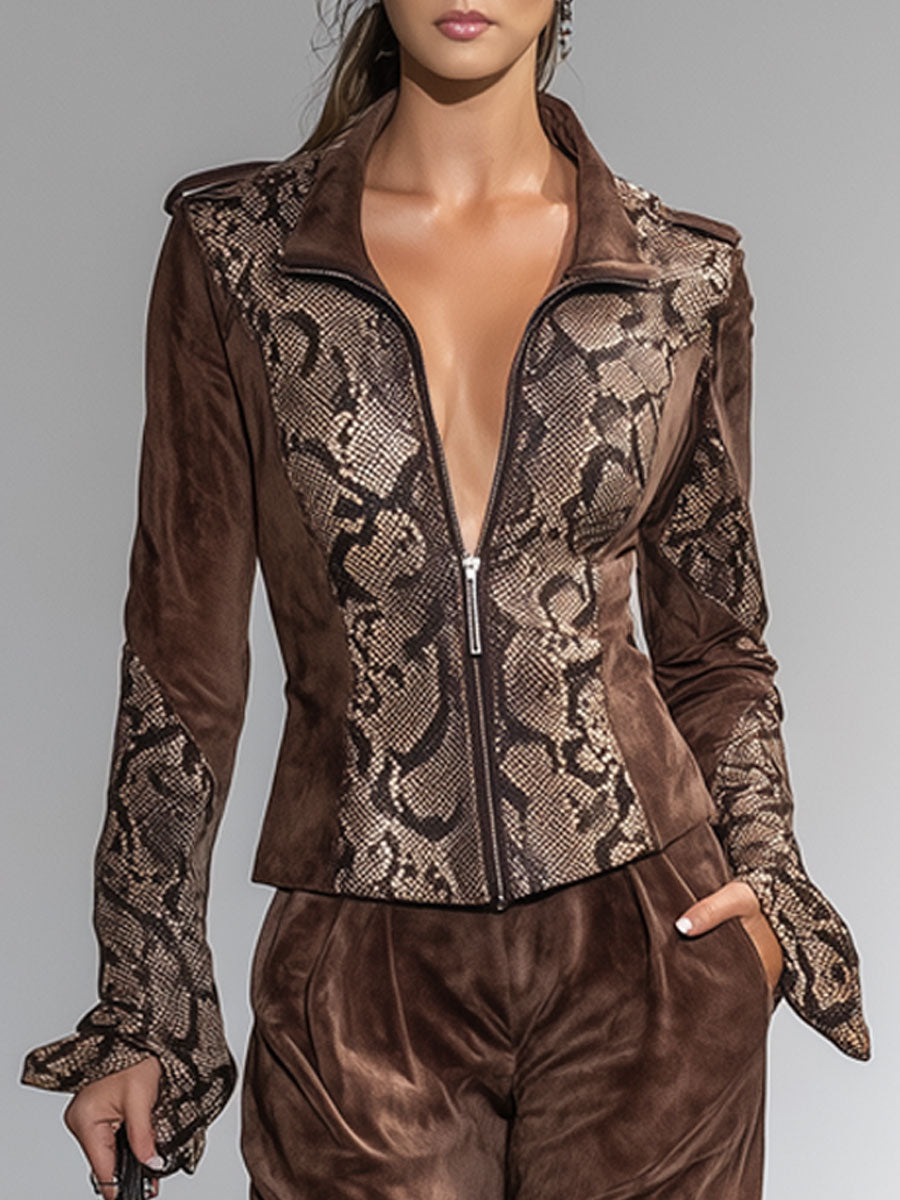 Vintage Snake Print Cocoa Brown Velvet Zip-Up Jacket And Trousers Set