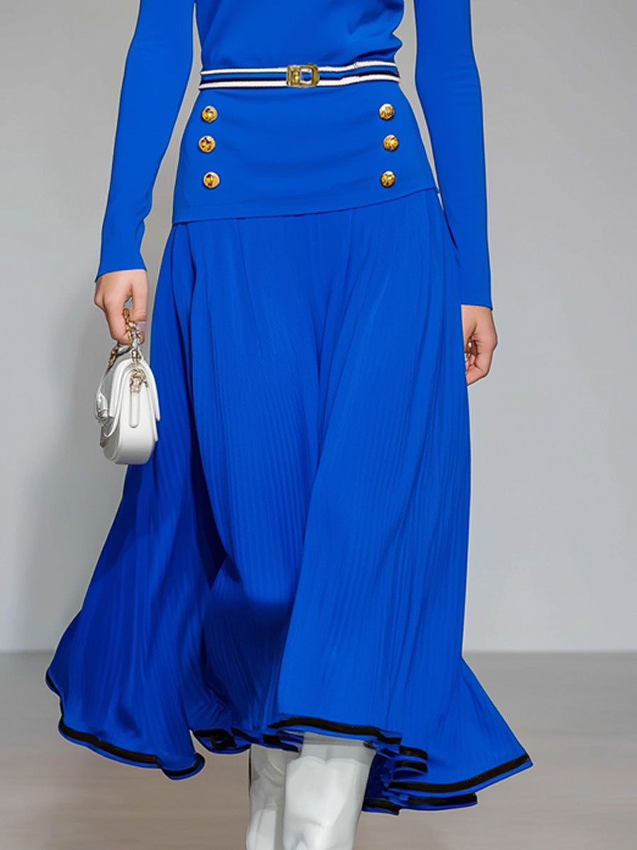 Blue Turtleneck Long-sleeved T-shirt And Skirt Knitted Set