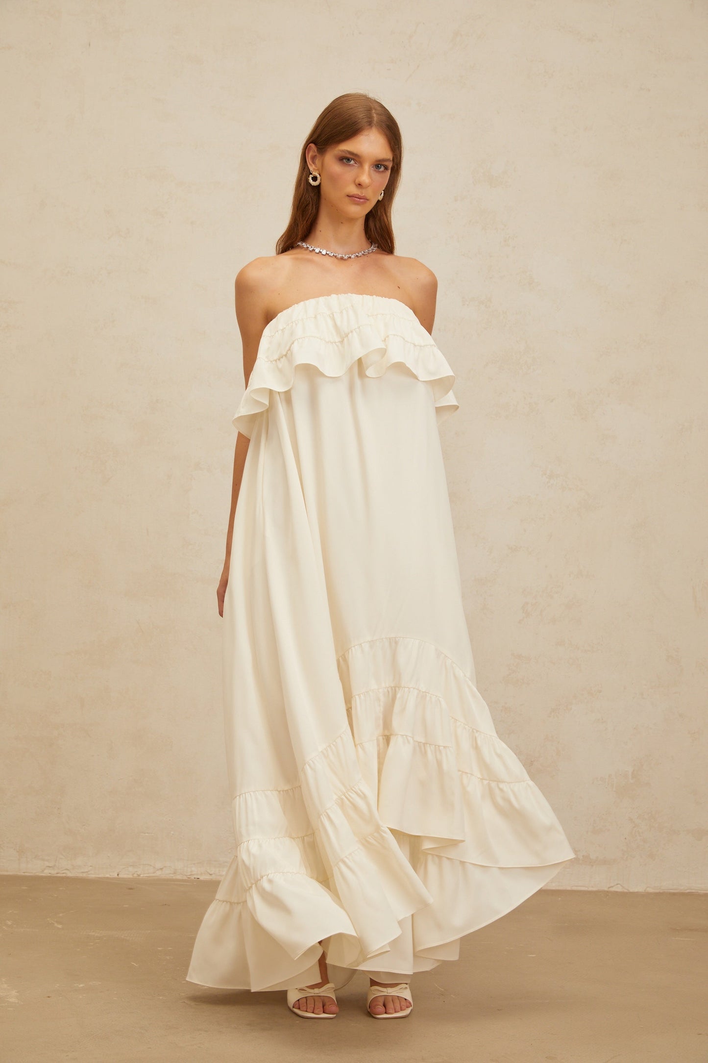 Bénédicte White Vibrant Off Shoulder Shirred Maxi Dress