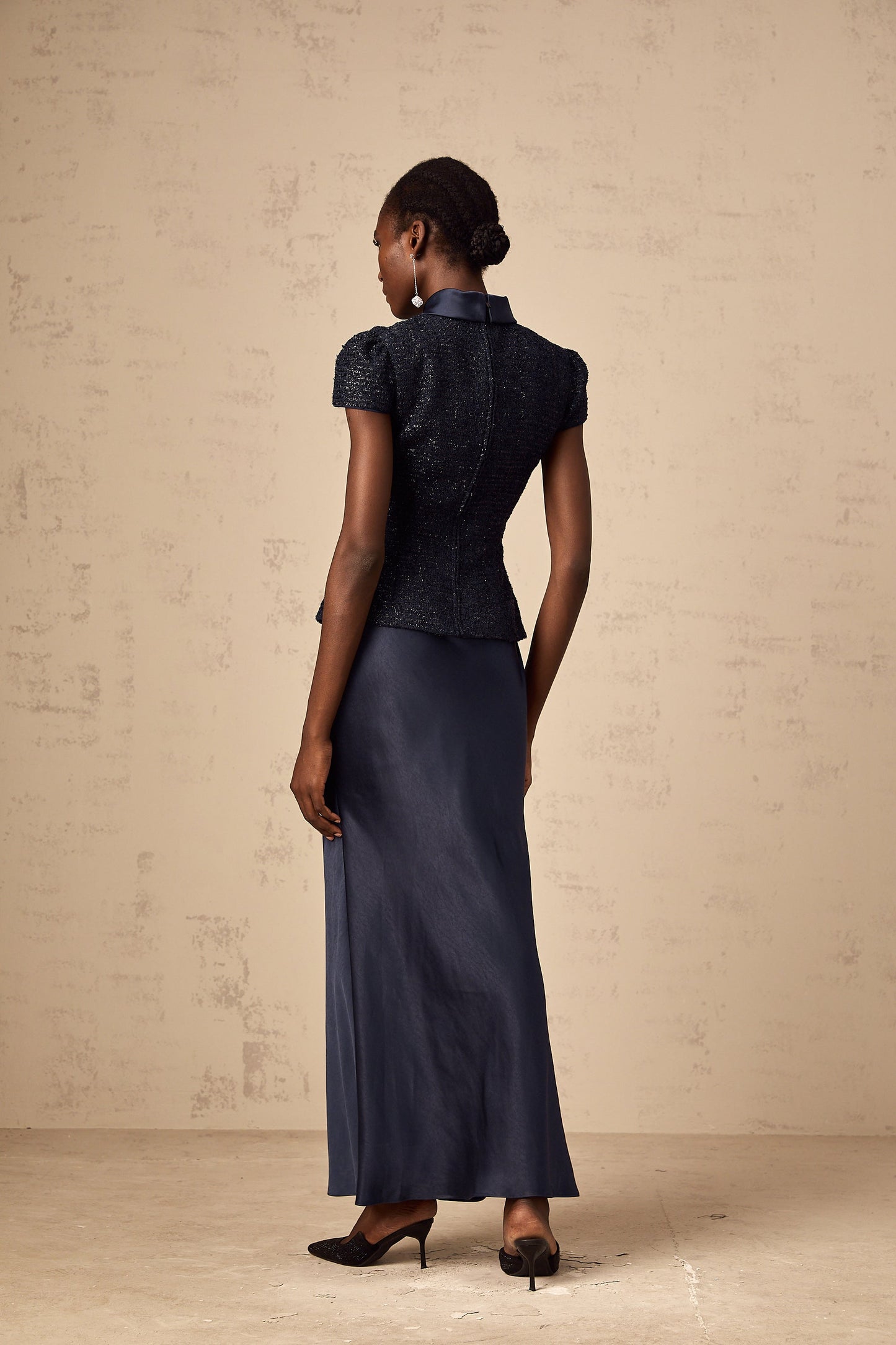 Josette blue peplum-waist panelled maxi dress