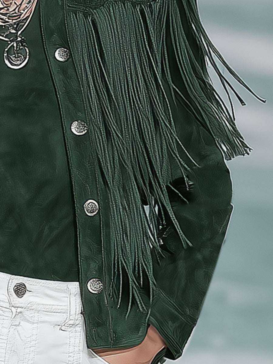 Vintage Western Button Dark Green Suede Fringe Blazer