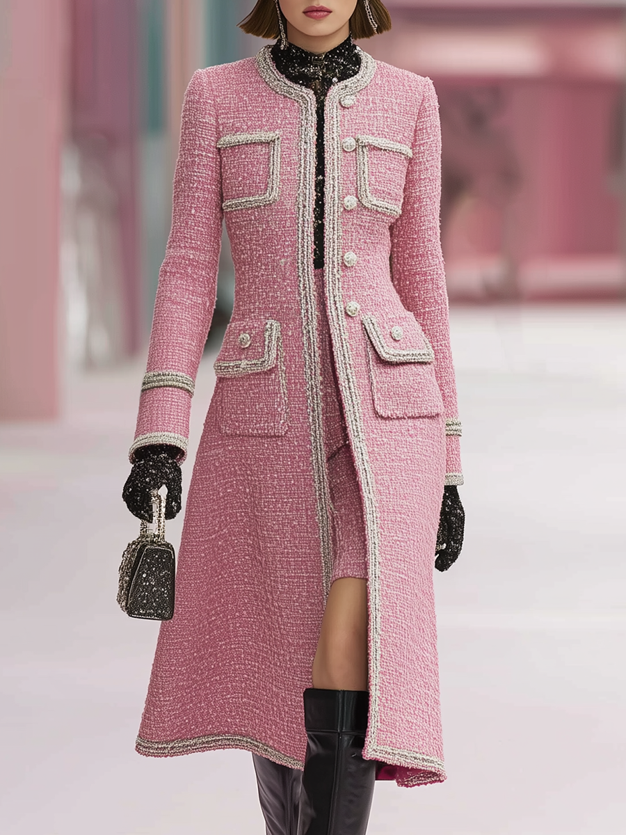 Vintage Silver Trim Tweed Mid-Length Coat