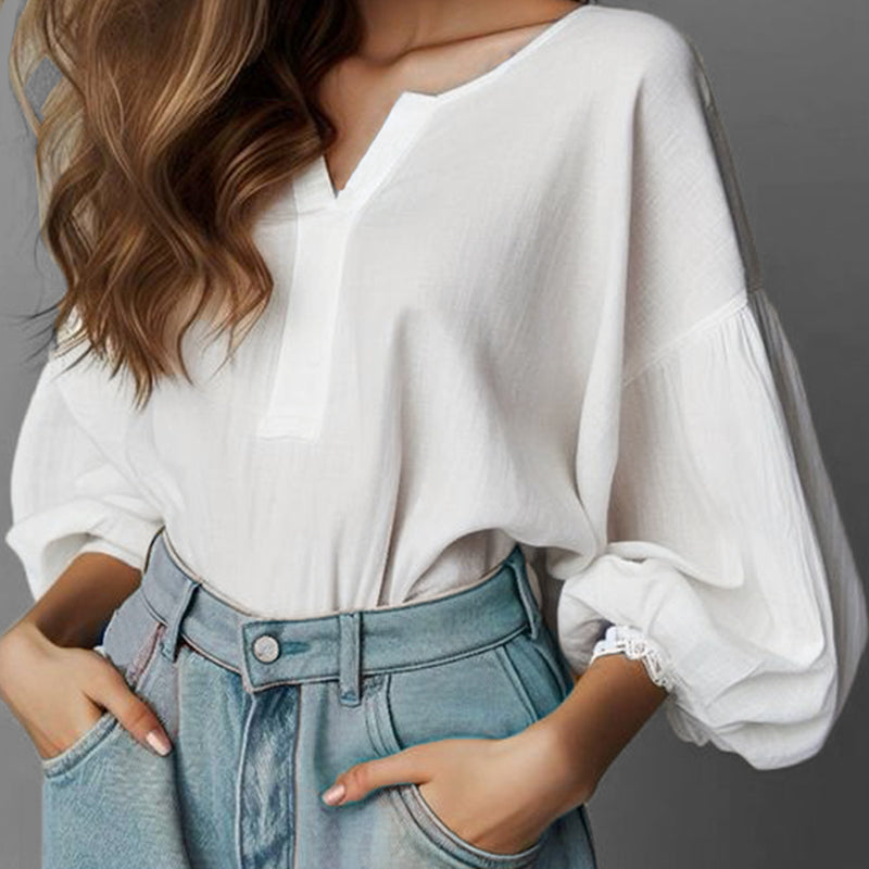 Casual Solid Color V Neck Lantern Sleeve Blouse