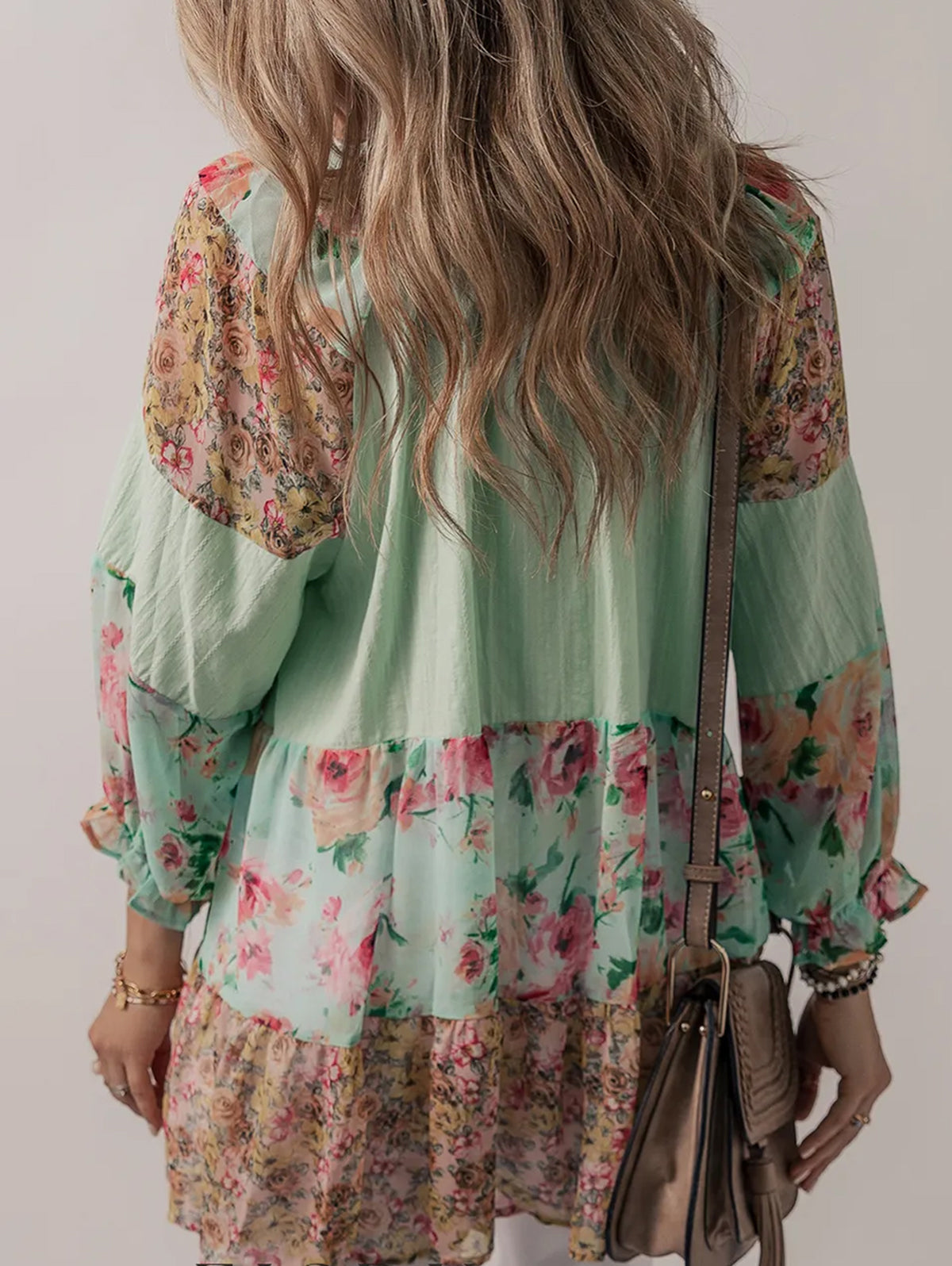 Boho Floral Patchwork Frilled Split Neck Blouse