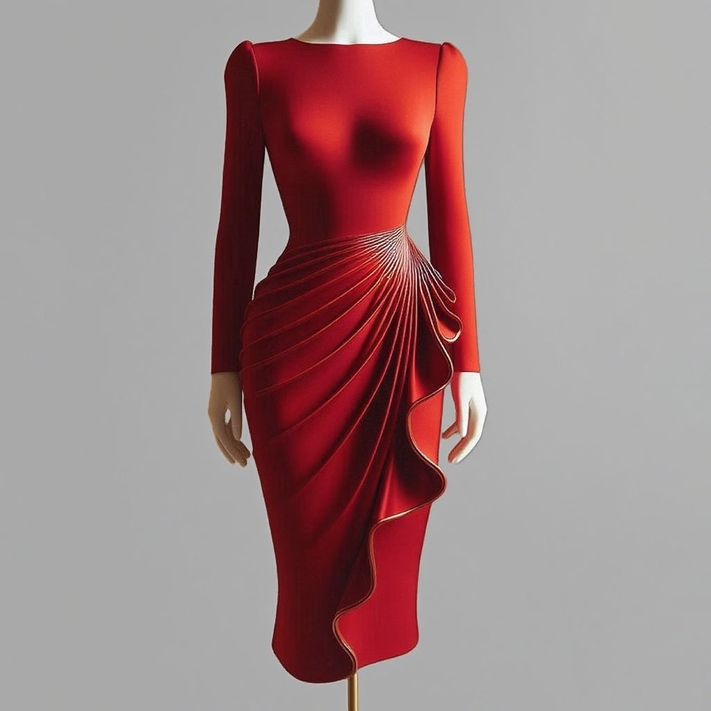 Ursime Elegant Long Sleeve Draped Ruffles Bodycon Midi Dress
