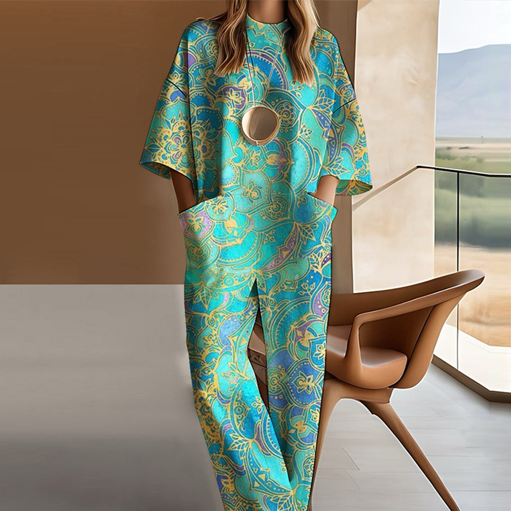 Ursime Ethnic Patterns Drop Shoulder 3/4 Sleeve Pocket Jumpsuit