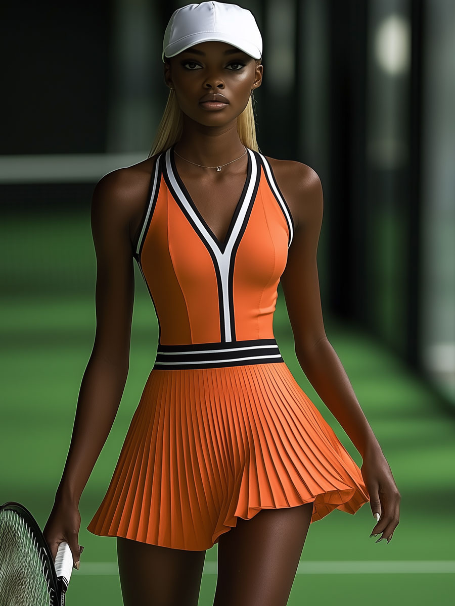 【24-hour shipping out】Fashionable Sports Black And White Trim Orange Sleeveless Pleated Mini Dress