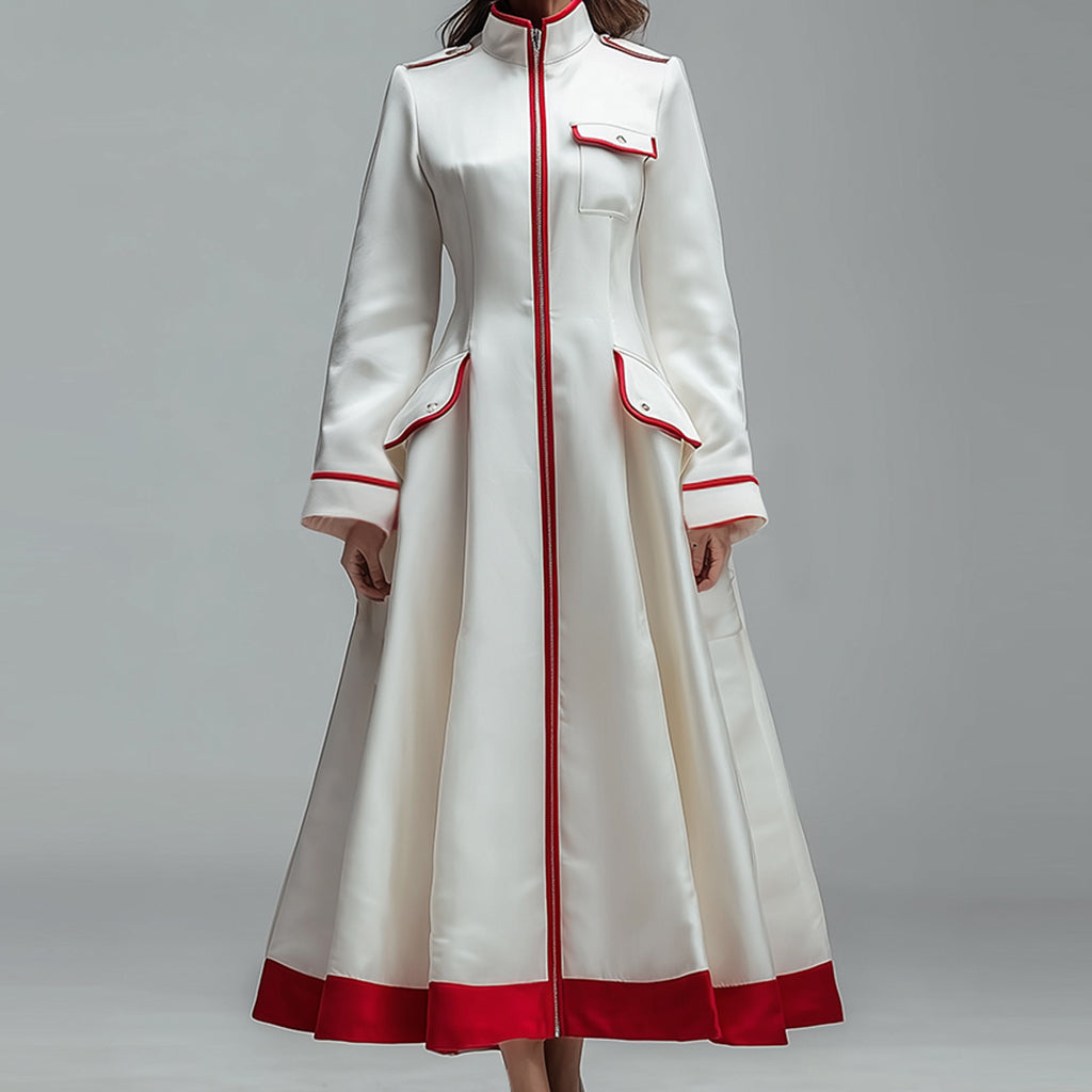 Ursime Contrast Binding Flap Pocket Long Sleeve Coat Midi Dress