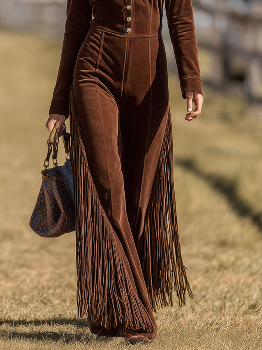Western Retro Cocoa Brown Suede Long Sleeve Wide Leg Tassel Jumpsuit