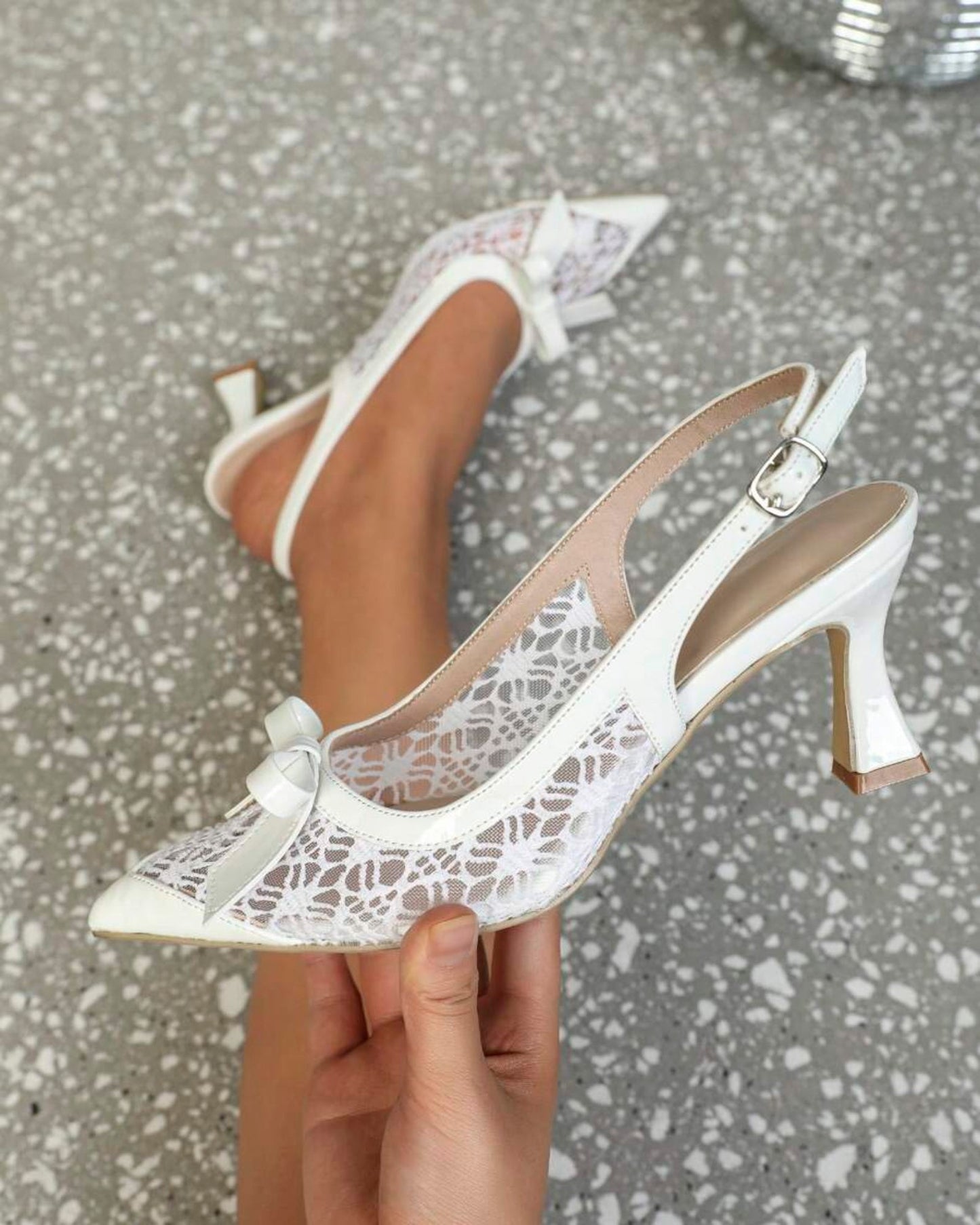 Baako Lace Bow Slingback Pumps In White