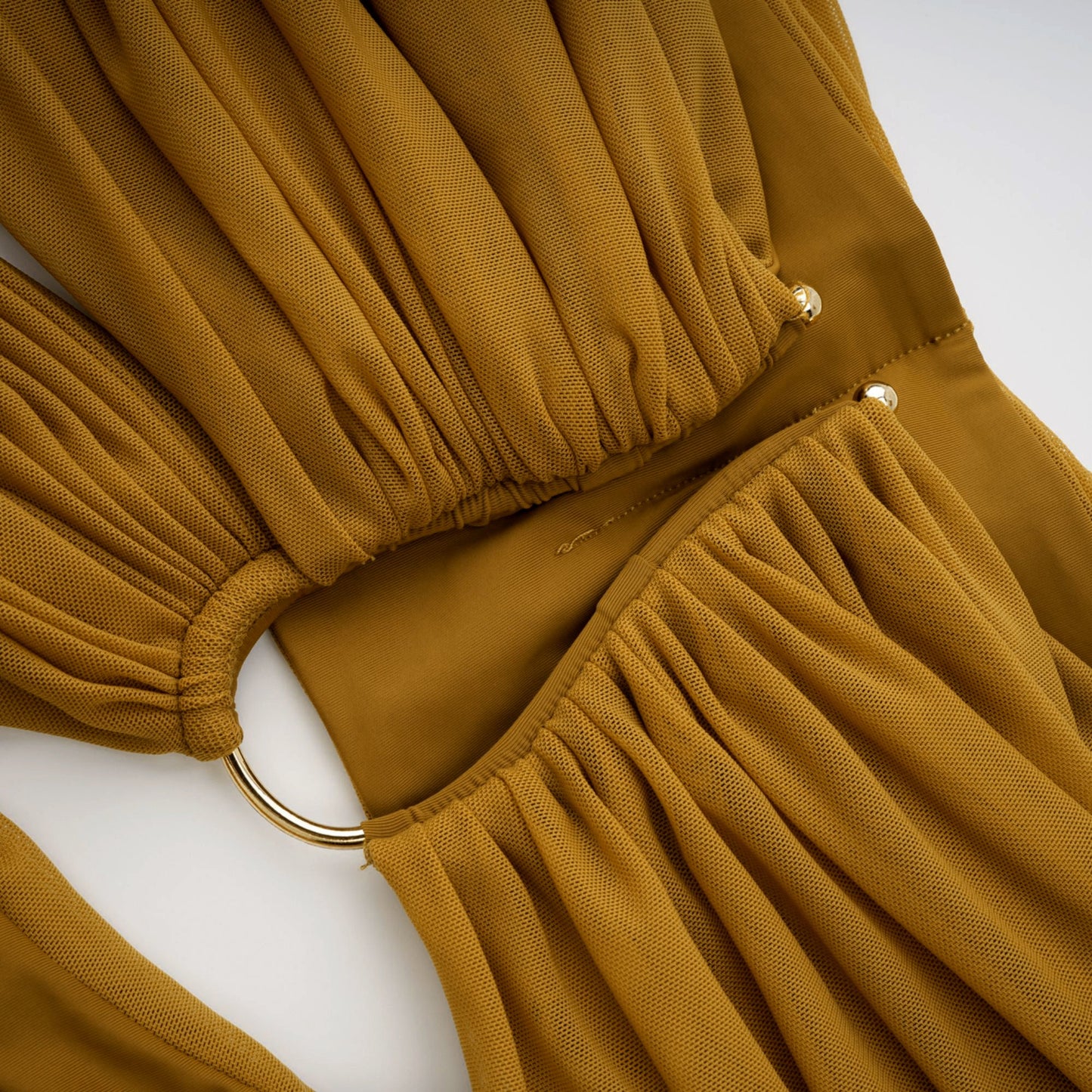 Ludivine ocher off-shoulder cut-out ruched maxi dress