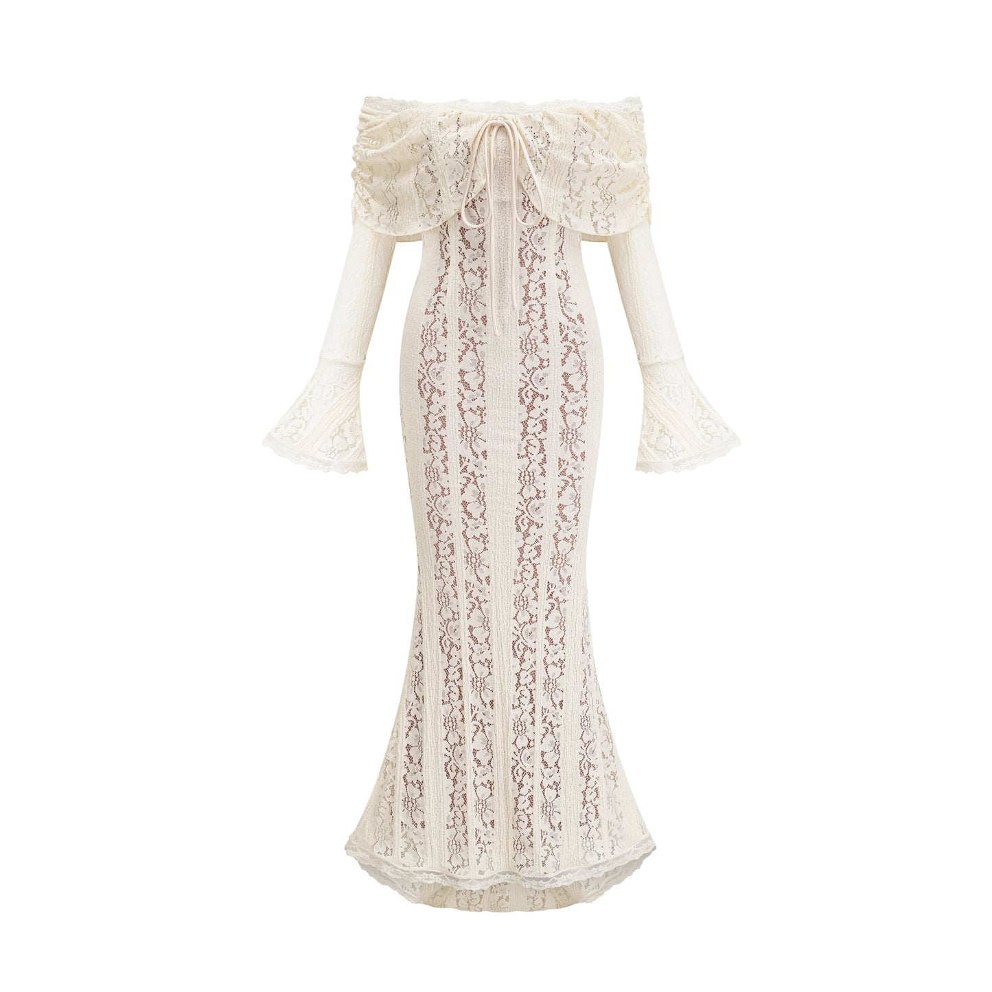 Émeline floral lace flared-cuff maxi dress in Neutrals
