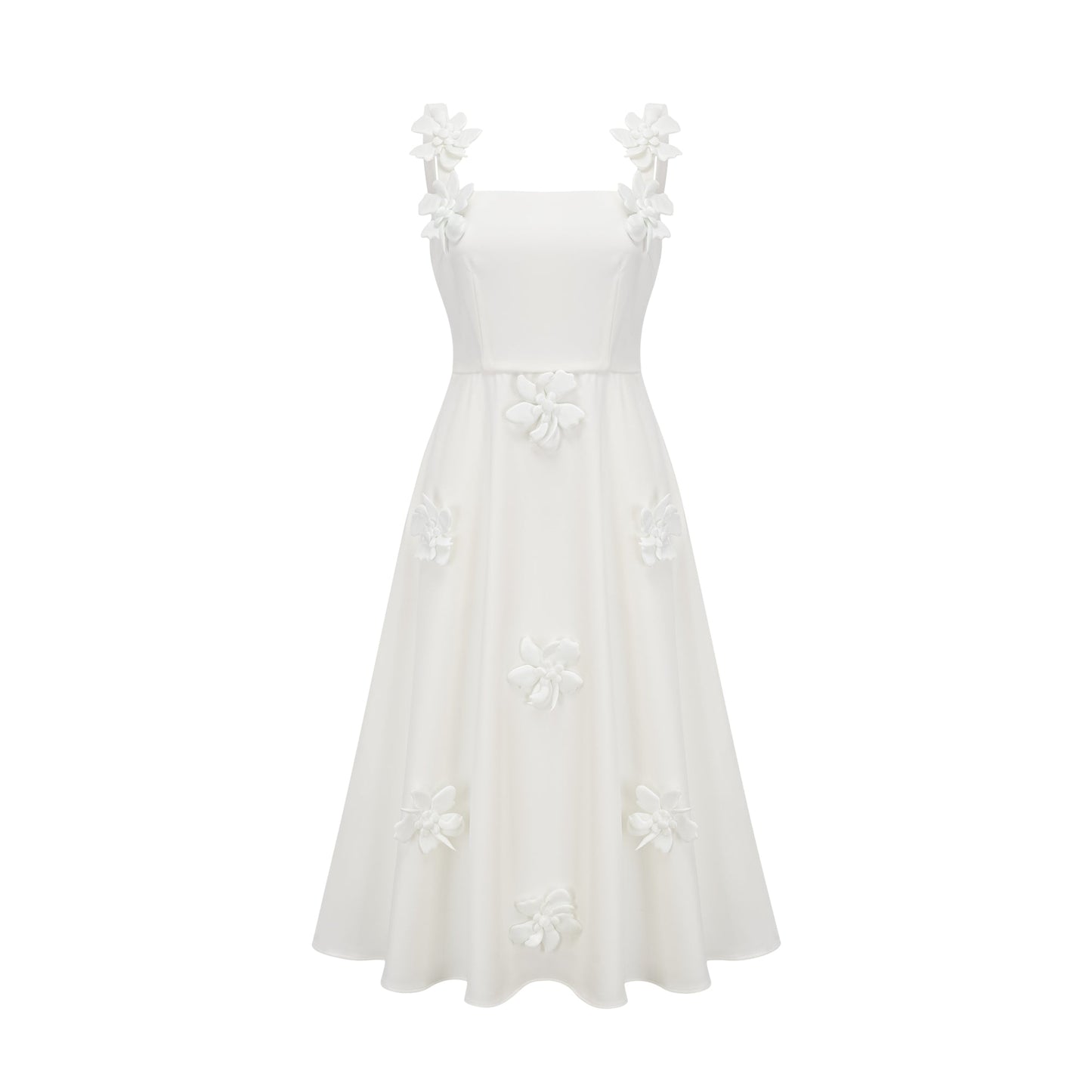 Ariane white faux-flower square-neck midi dress