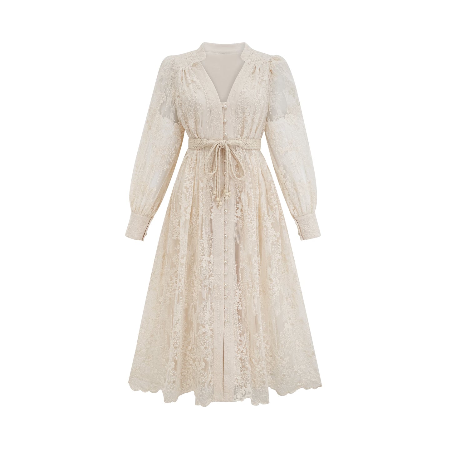 Roxane neutrals lace-embroidered midi dress