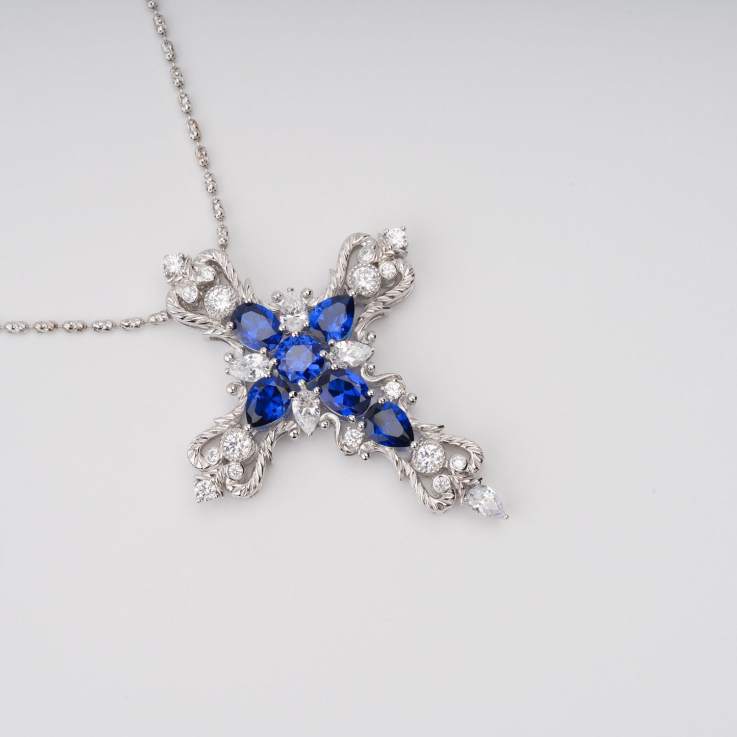Tuulikki Blue Cross Shaped Pear Cut Gemstone Pendant Sterling Silver Necklace