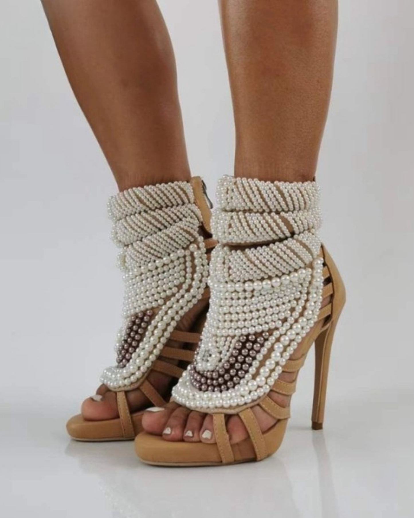 Edith Pearl Embellished Strap Sandals In Mocha