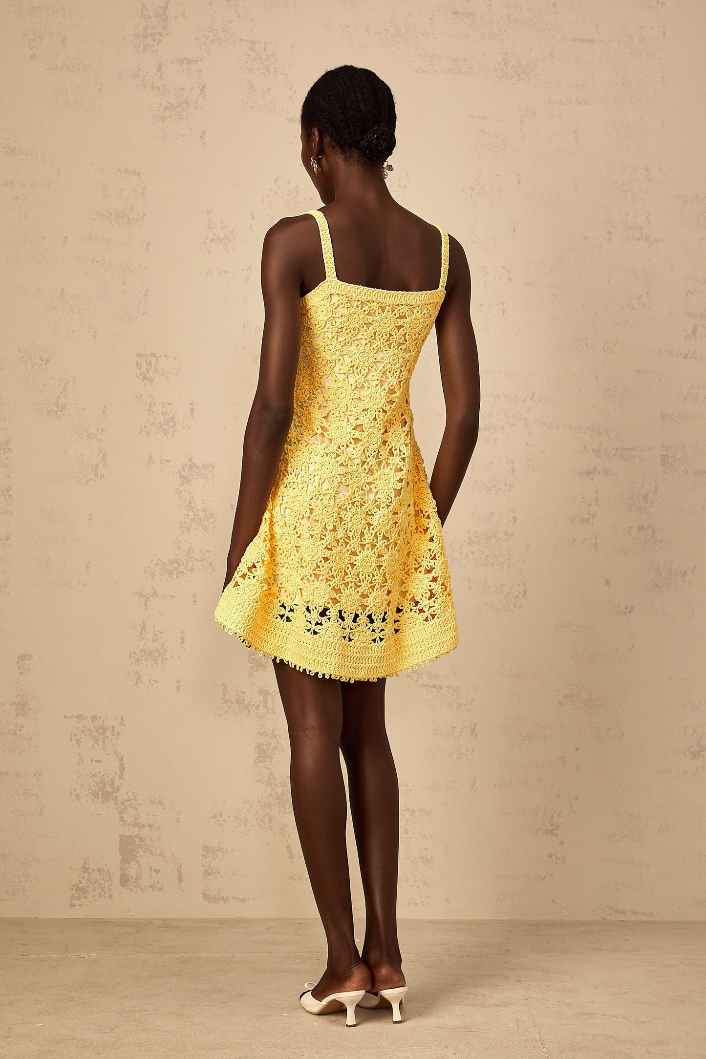 Isoline Yellow Flared Crochet Knit Mini Dress