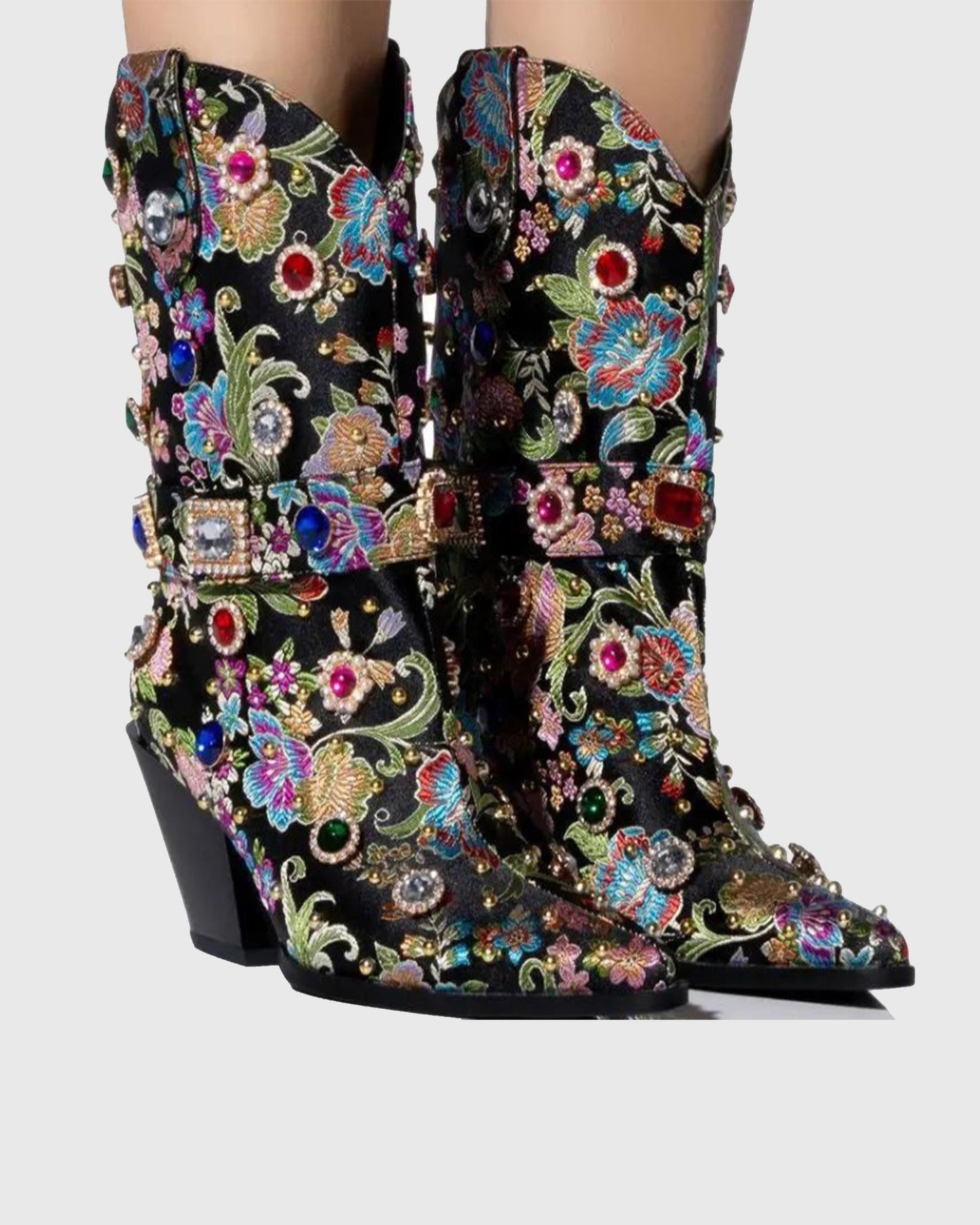 Mariapia Vintage Rhinestone Embroidery Ankle Boots