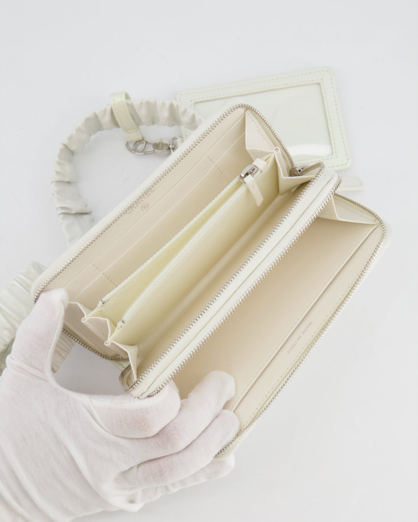 *HOT* Chanel Coco Neige White Pearlescent Lambskin Belt Bag with Silver Hardware