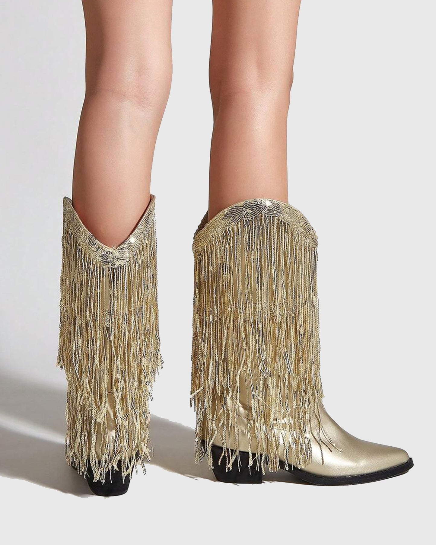 Rosana Rhinestone Fringe Leather Cowboy Mid Calf Boots In Gold