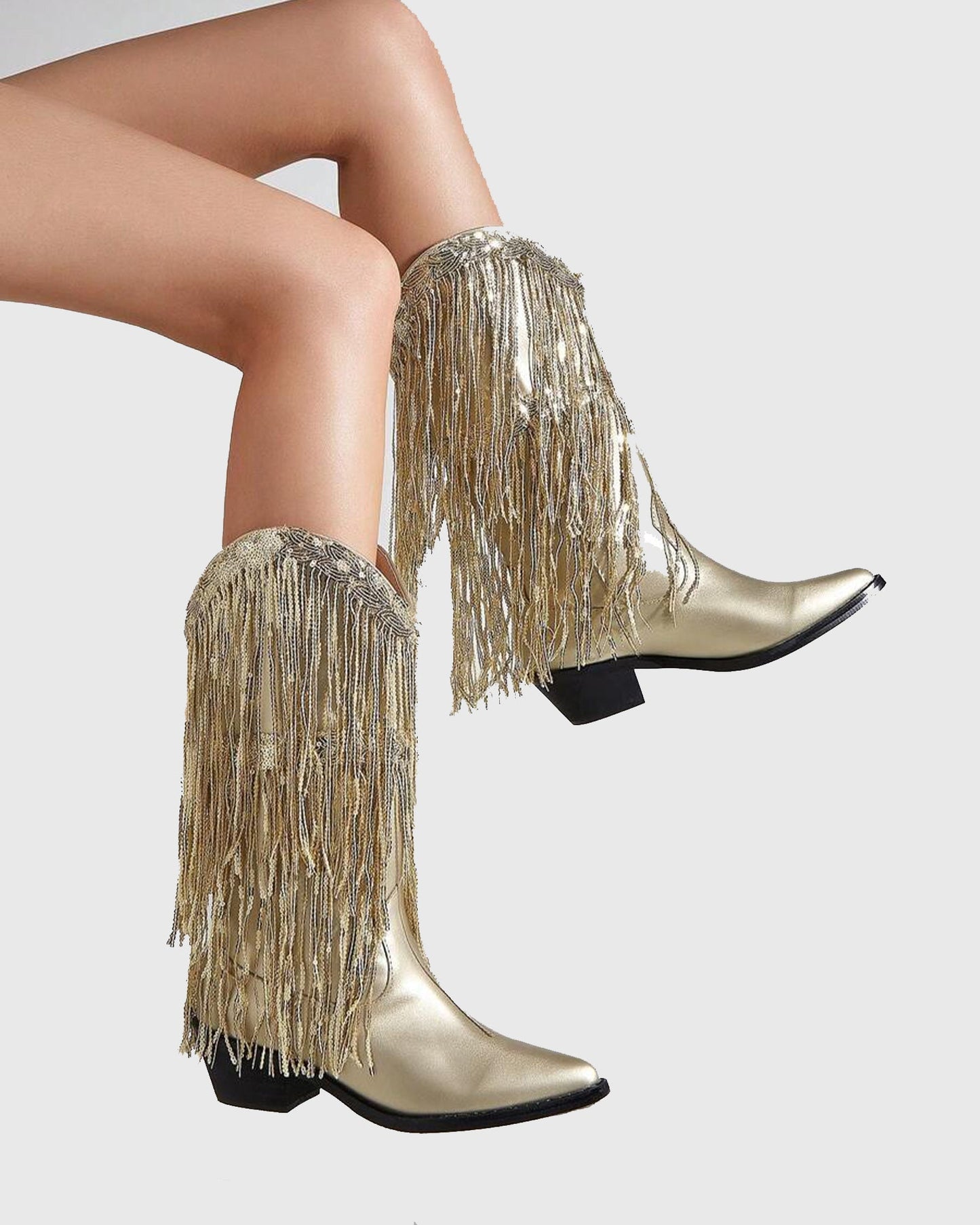 Rosana Rhinestone Fringe Leather Cowboy Mid Calf Boots In Gold