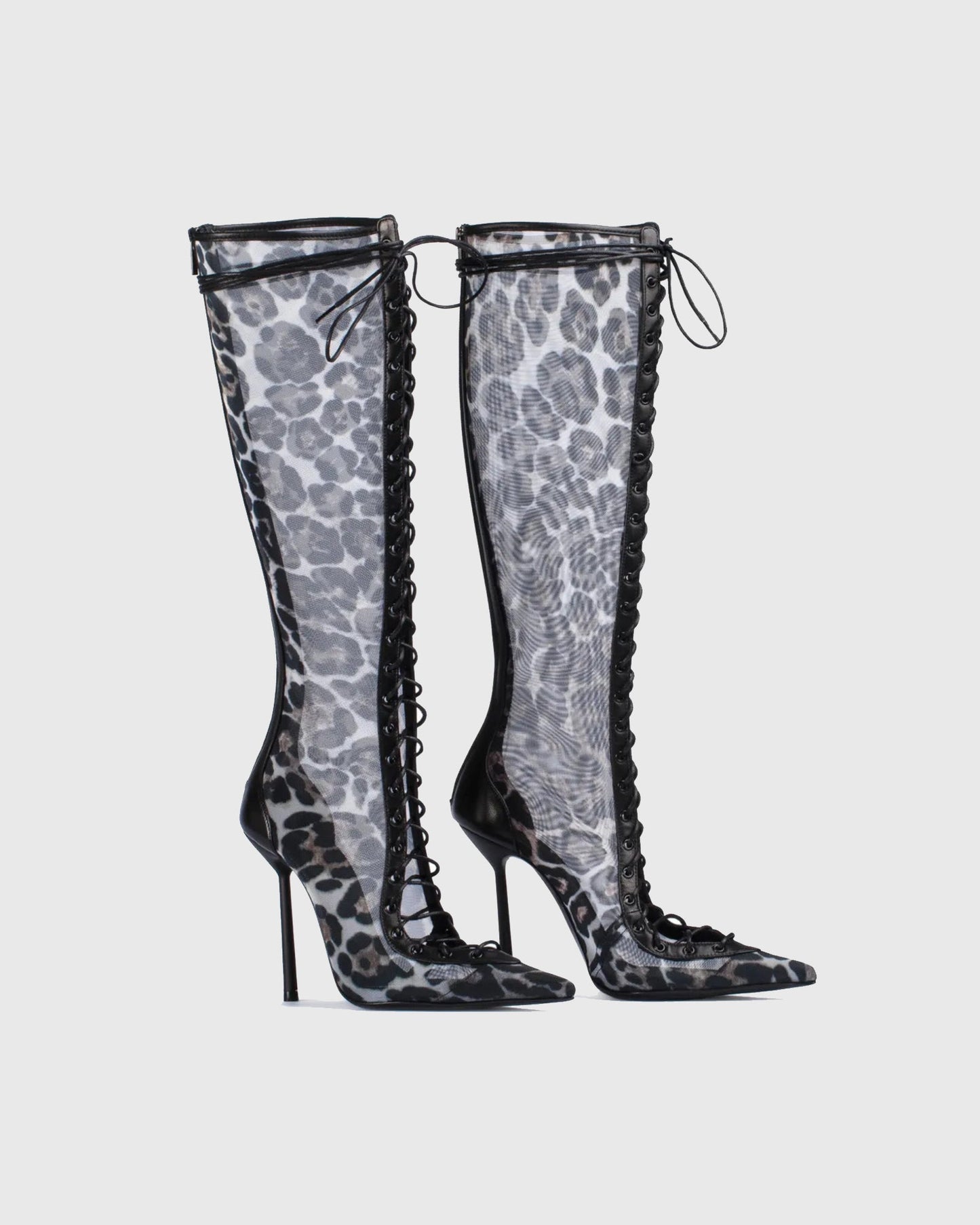 Sea Leopard Print Mesh Lace Up Knee High Boots