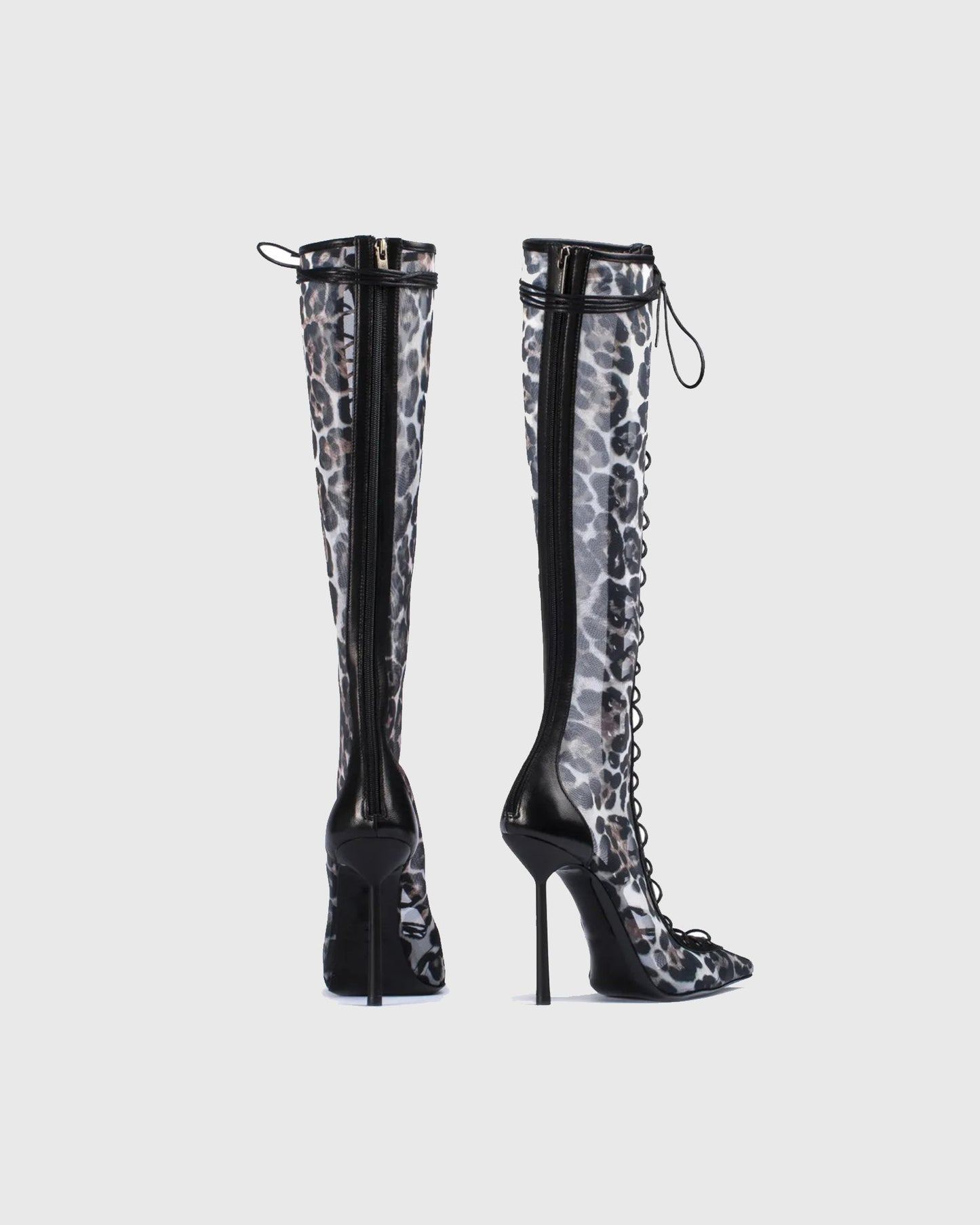 Sea Leopard Print Mesh Lace Up Knee High Boots