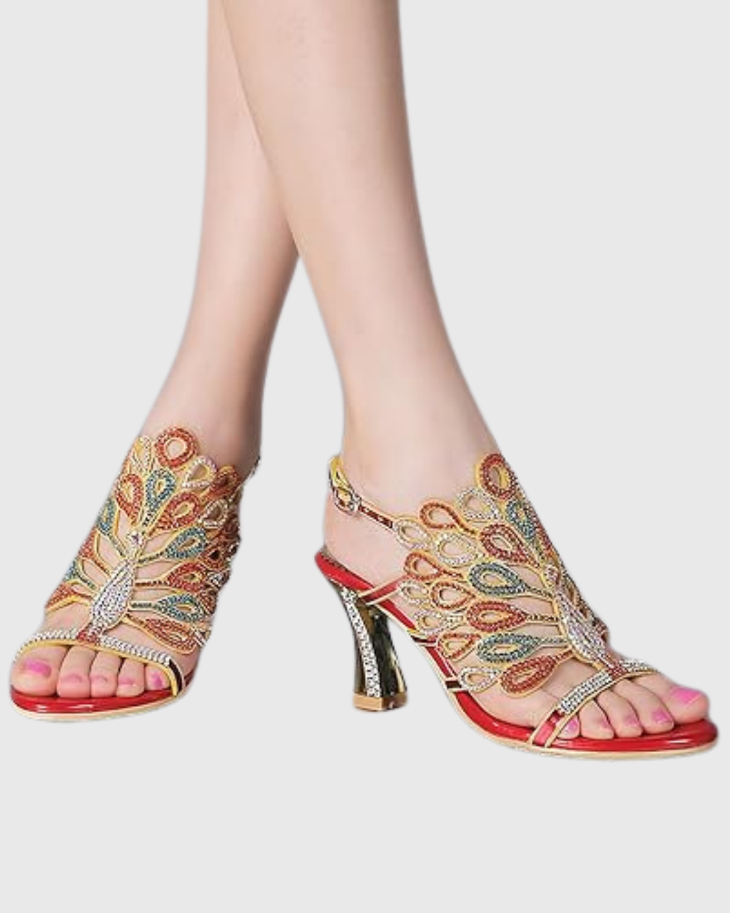 Velia Peacock Wing Strap Sandals In Red