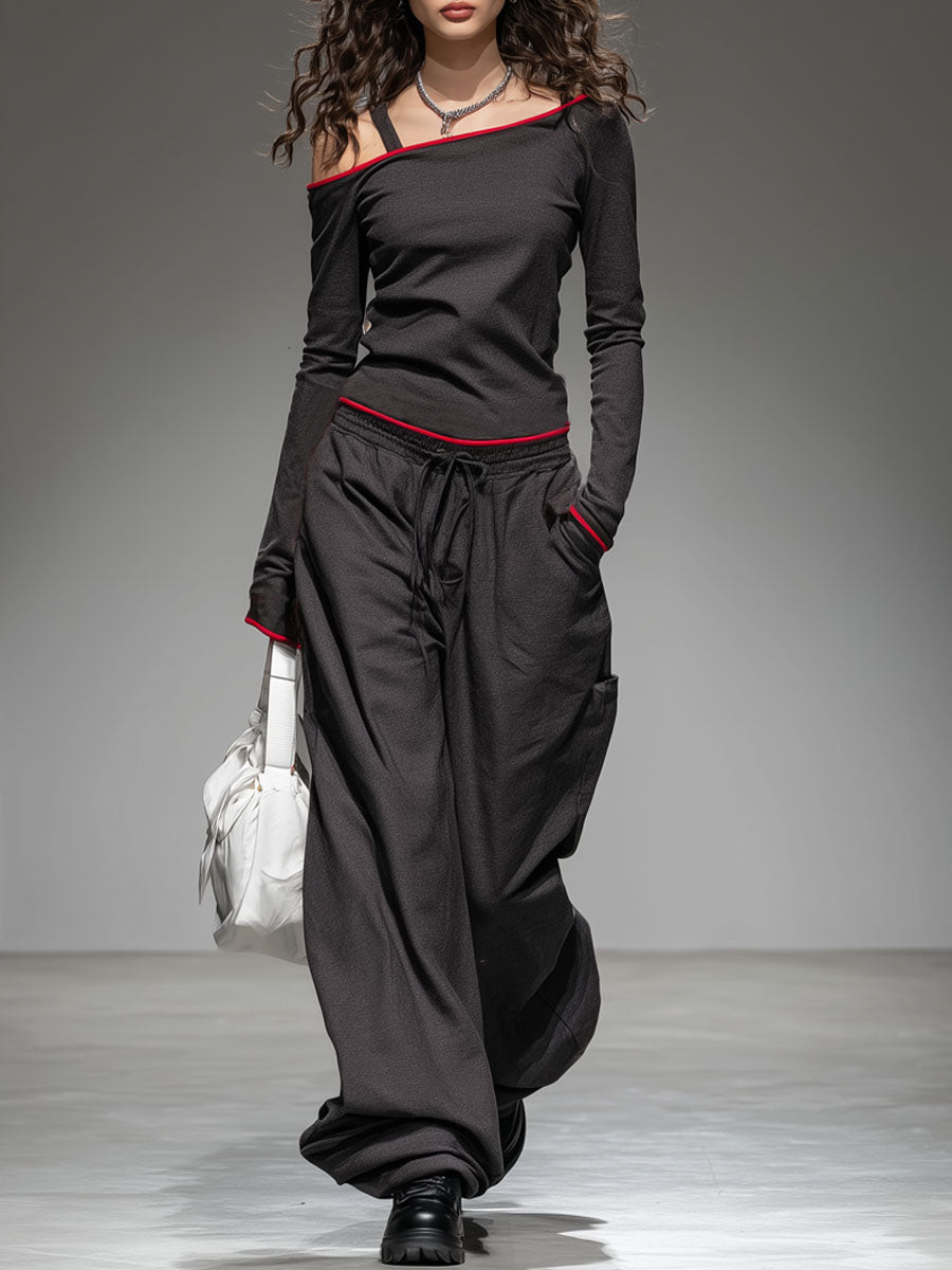 Casual Contrast-edged Long-sleeved Top And Wide-leg Pants Set