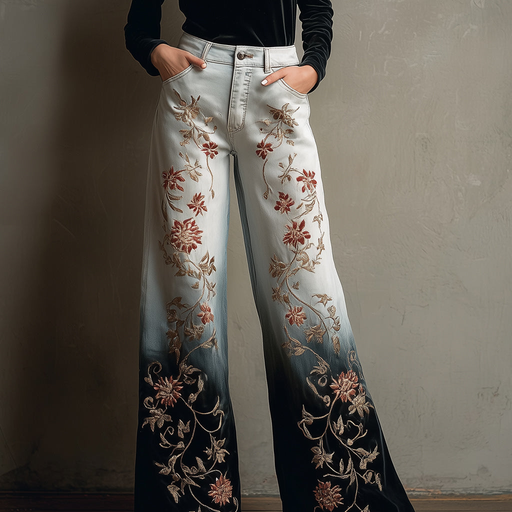 Ursime Floral Leaf Denim-Like Print Ombre Wide Leg Pants