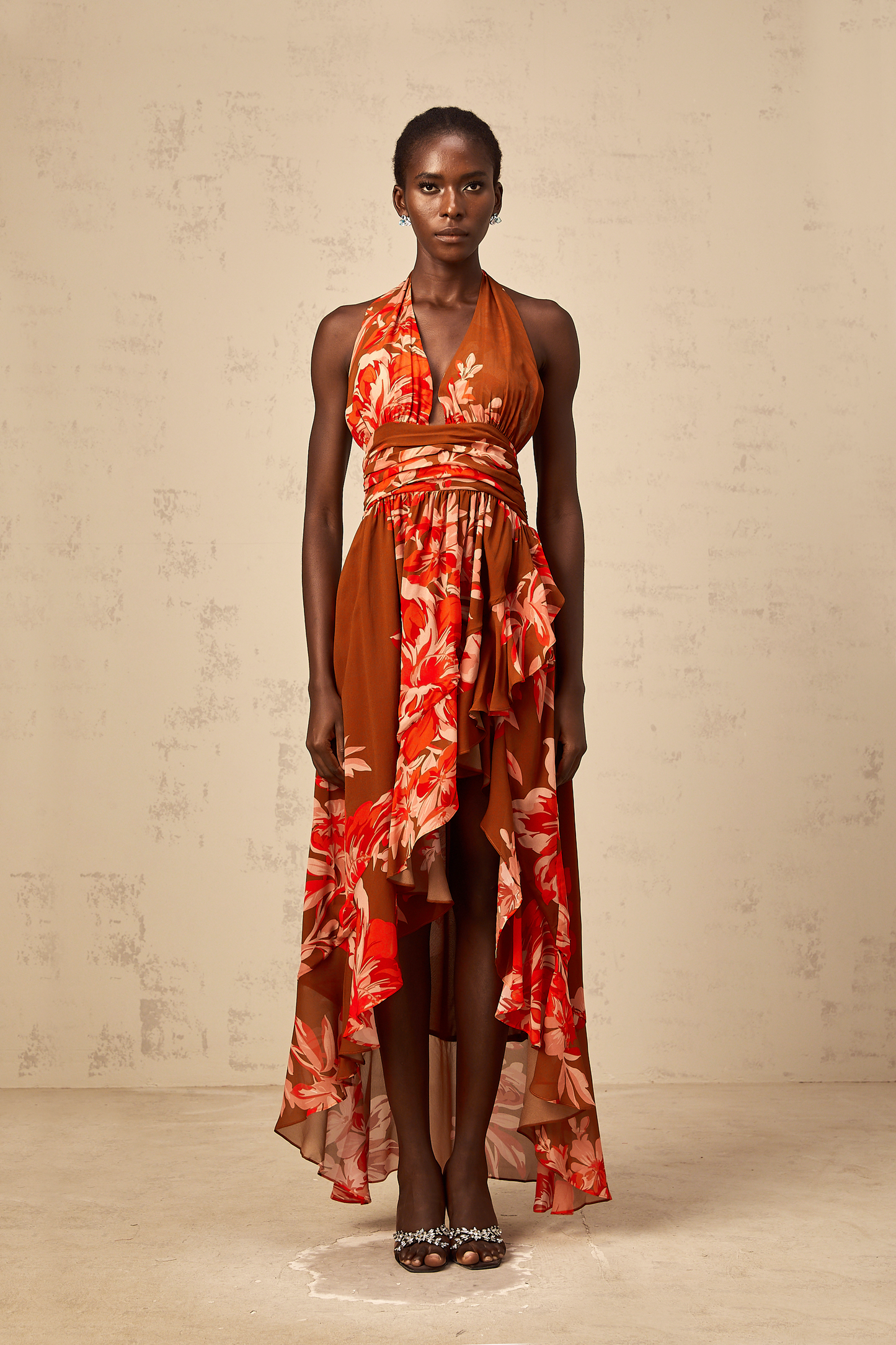 Angélique brown floral-print asymmetrical maxi dress