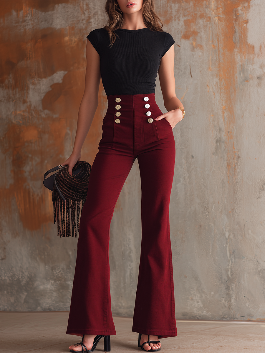 Stylish Sexy Double-breasted Button-embellished Denim Flared Pants