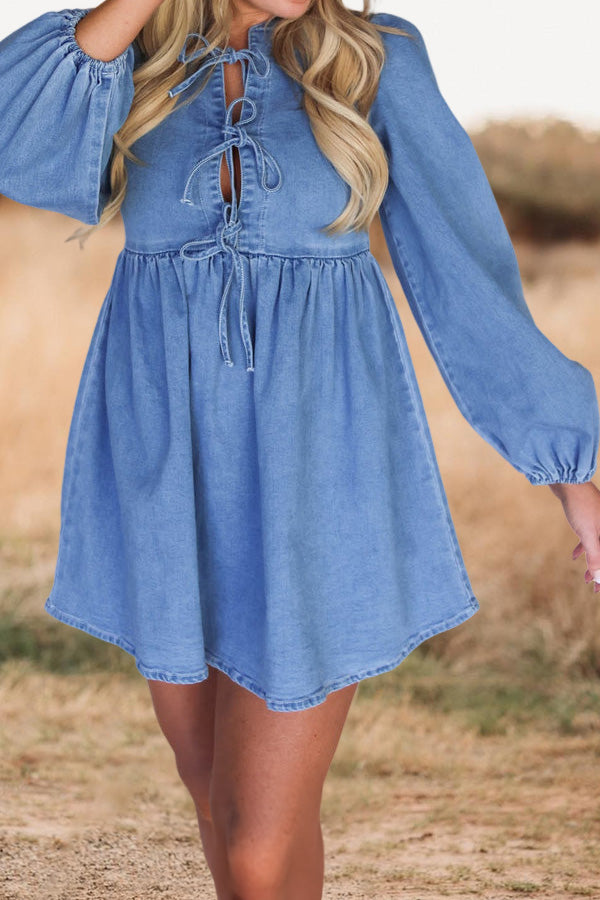 Vintage Lace-Up Bell Sleeve Denim Dress