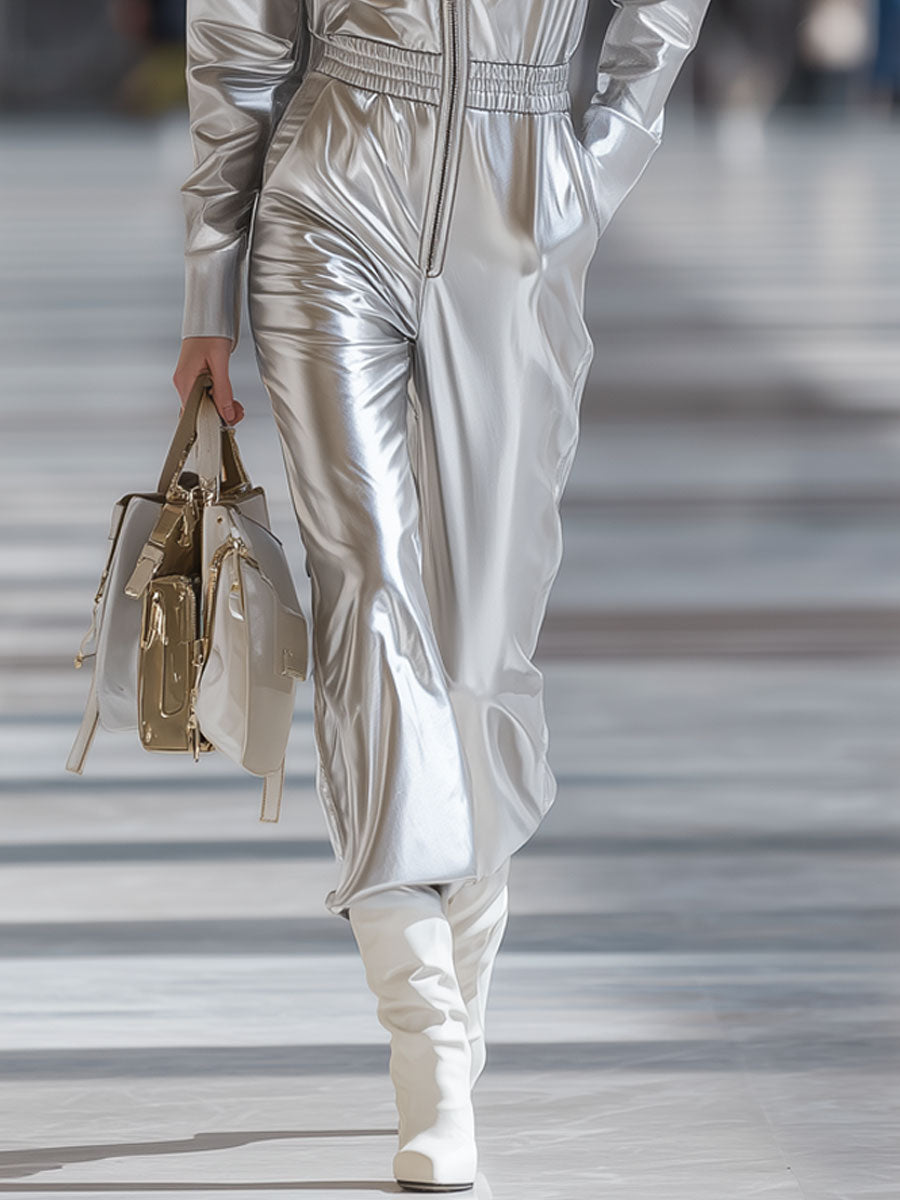 Casual Fashion Silver Faux Leather Long Sleeve Hooded Elastic Waist Jumpsuit