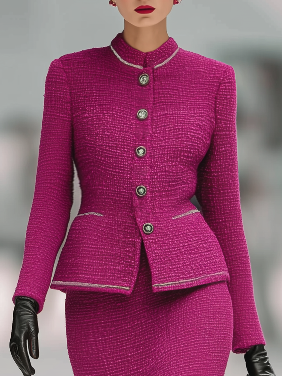 Vintage Tweed Stand Collar Jacket And Skirt Set