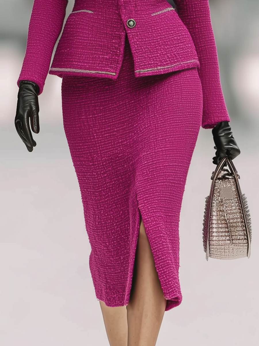 Vintage Tweed Stand Collar Jacket And Skirt Set