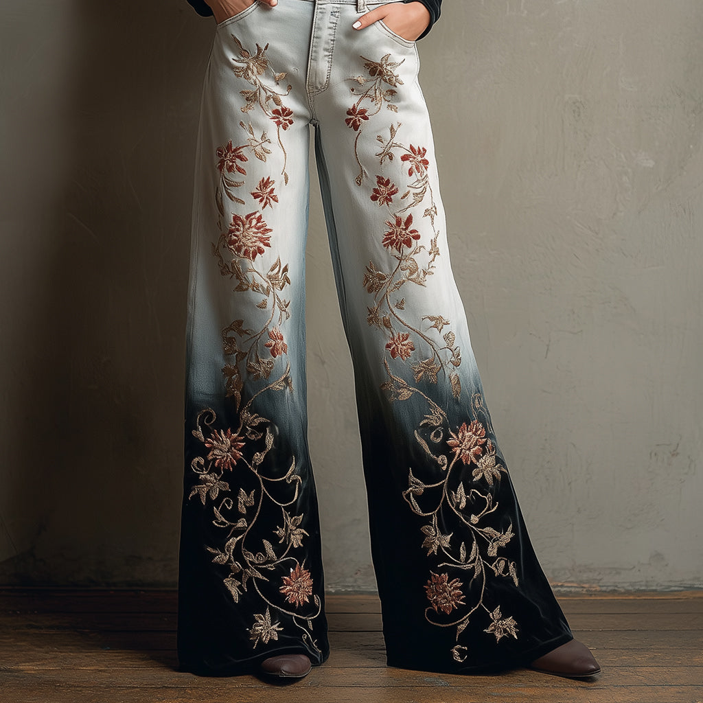 Ursime Floral Leaf Denim-Like Print Ombre Wide Leg Pants
